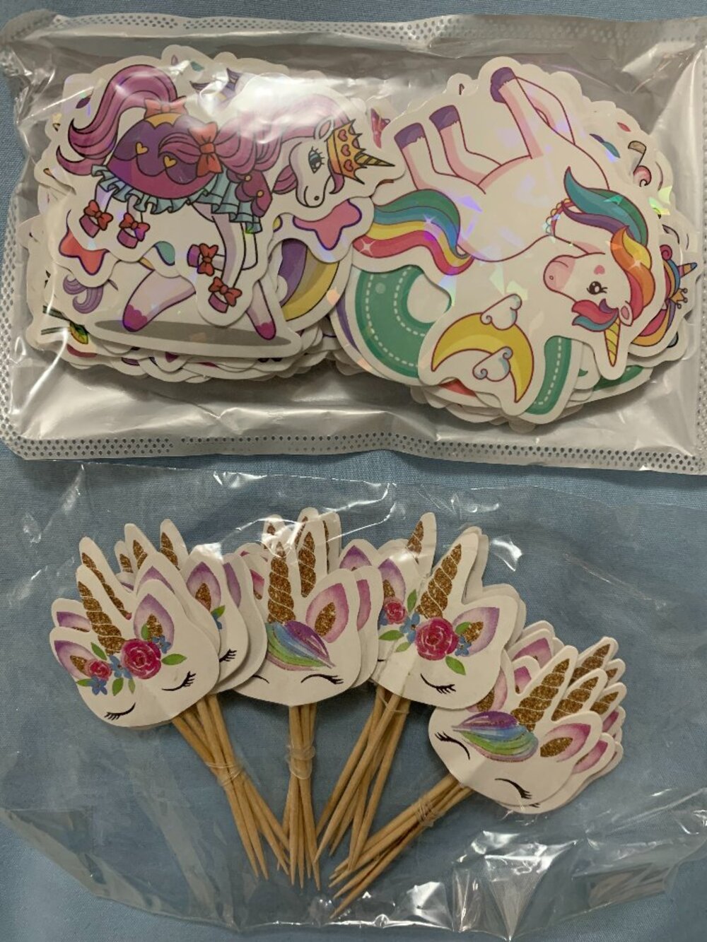Unicorn Birthday Party Supplies Bundle-Holographic Sticker Pack Cupcake + Topper